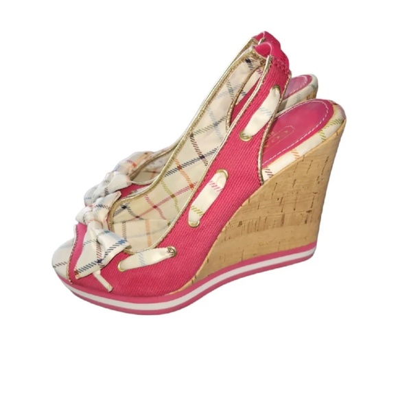 Coach Twirling Peep Toe Cork Wedge Sandals in Hot Pink and Plaid - Picture 3 of 7